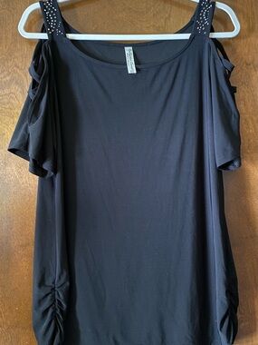 PerSeption Concept Black Cold-Shoulder Top with Studded Straps